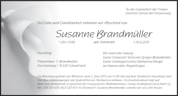 Traueranzeige von Susanne Brandmüller von Pegnitz-Zeitung